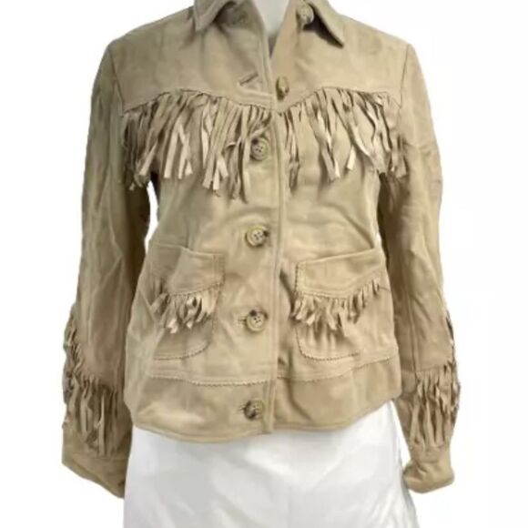 Lauren Ralph Lauren Women’s Fringe Trim Goat Suede Jacket Western Beige NWT $650 - Picture 6 of 16